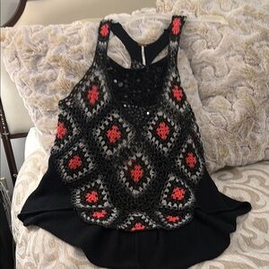 Free People Black and Red Cropped Embellished Tank Top